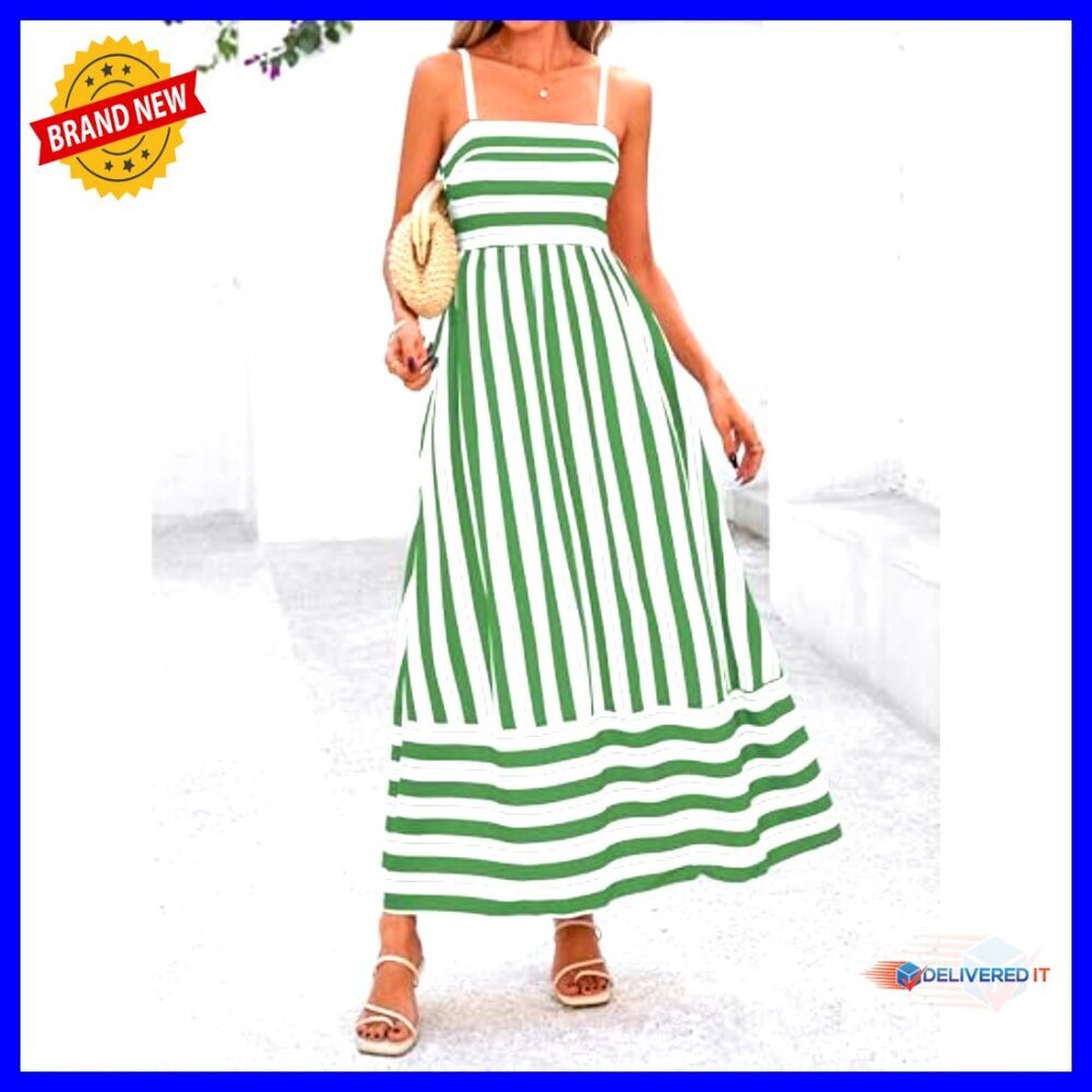 Spaghetti Strap Maxi Dress Boho Floral Striped Wedding Guest Beach Vacation - Picture 3 of 7